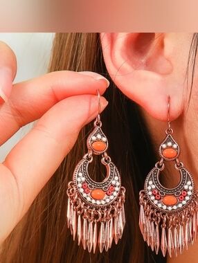 Boho Copper-Tone Orange Bead Chandelier Earrings